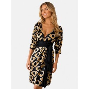 NWT Diane von Furstenberg Silk Wrap Dress Geometric Costal Gold Black 2 XS New